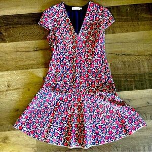 TORY BURCH Drop Waistline Red & Dark Blue Floral Mini Dress size XS